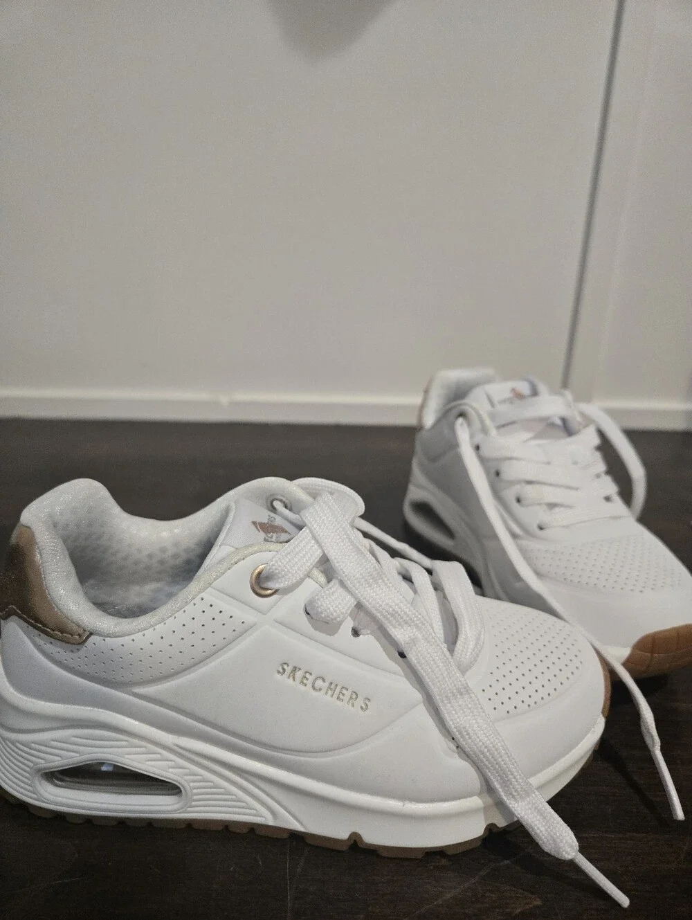 Little Kids Size 11 Skechers White Platform Sneakers with Gold and Tan Accents